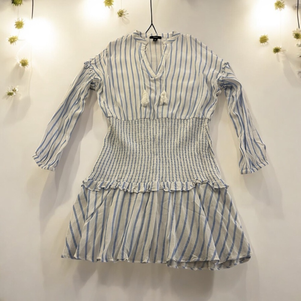 AQUA Striped Smocked Mini Dress Light Blue/ White Stripes Size L